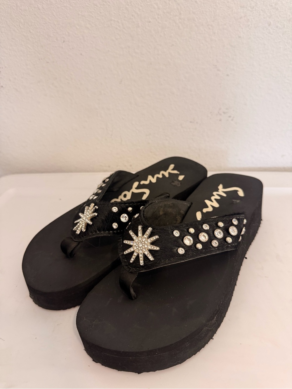Black Cow Hide Jeweled Platform Flip Flops